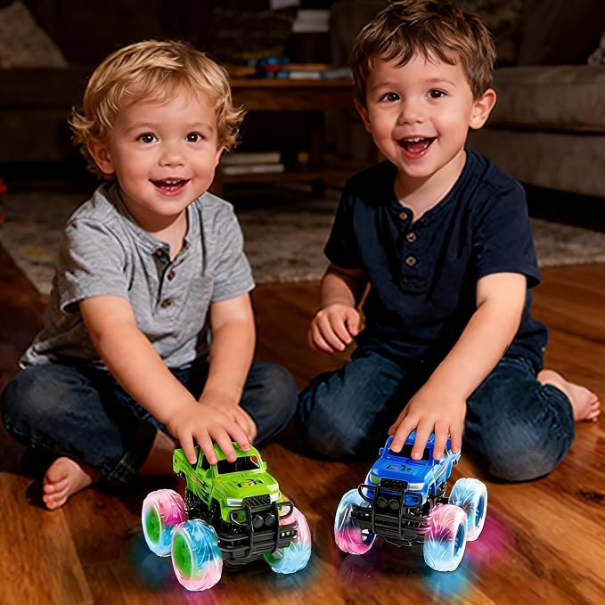 LODBY Monster Trucks Toys for Toddlers, Light-Up Trucks & Cars Toys for 2 3 4 5 6 Year Old Boy Christmas Birthday Gifts, Kids Push and Go Cars with Flashing Wheels (2 Pack)