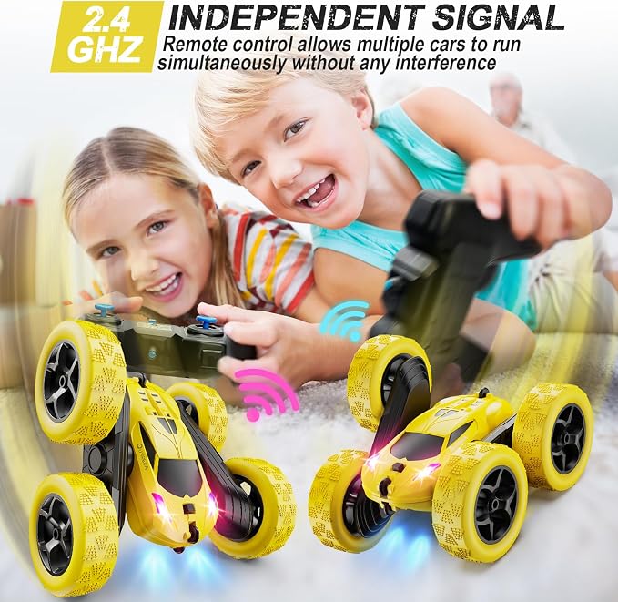 QUNREDA Remote Control Car,RC Car Toys for 6-12 Year Old Boys, Off Road RC Stunt Car 4WD 360° Rotating Remote Control Car for Kids, Boys Girls Gifts for Birthday, Christmas Yellow