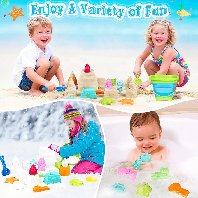 Collapsible Beach Toys for Kids Toddlers, Foldable Sand Bucket and Shovels Set with Mesh Bag & Sand Castle Building Kit, Travel Sand Toys for Beach Essentials, Sandbox Toys for Baby Kids Age 3-10