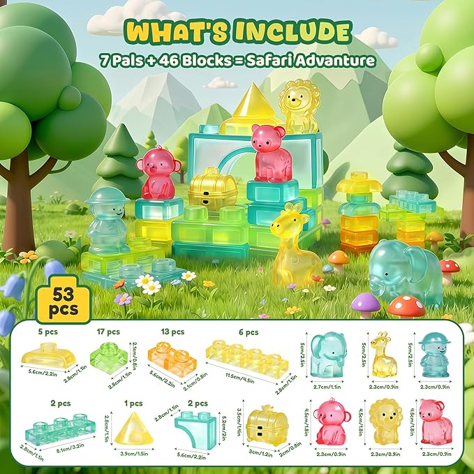 Gummy Bloc Safari Adventure Sensory Soft Building Blocks for Toddlers, 52 PCS Montessori Squishy Stacking Toy Set, Jungle Animal Theme Squeeze Blocks , Non-Toxic STEM Preschool Gift for Boys Girls