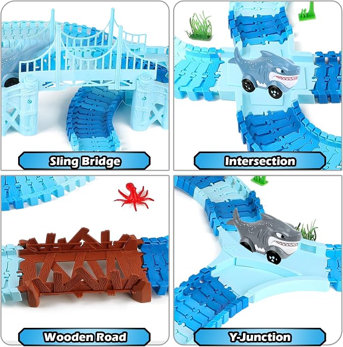 Coroiesty 264 PCS Shark Race Tracks for Kids Toys, Glow in The Dark Magic Toy Set, 2 Shark Cars Track, Flexible DIY Track Set, Birthday Gift for Age 3-9 Boys Toddler Girls