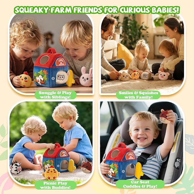 SAIMAND Baby Toys 6-12 Months, Barn with Stuffed Farm Animals, Montessori Toy for Babies, Sensory Toys for Toddlers 1-3, Portable Baby Farmhouse Toy, Birthday Gift for Infants & Toddlers