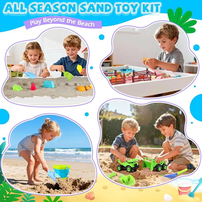 FHOZGECY Beach Sand Toys, 2 Trucks, 2 Collapsible Buckets, Sand Molds, Farm Animals, Upgrade Tools, Mesh Bag, Indoor Outdoor Play Set for Kids Ages 3-12, Multi‑Scene Play for Summer Travel Beach Games