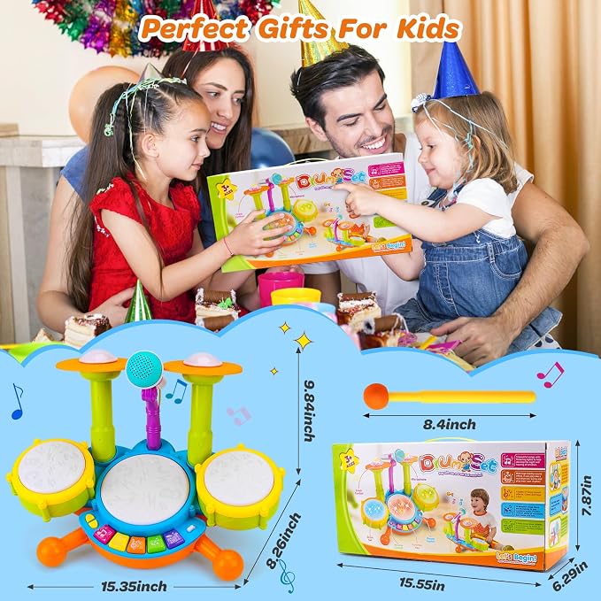 Kids Drum Set for Toddlers Musical Baby Toys Boy Gifts Montessori Baby Girl Toys with Microphone Light Up Learning Toys Birthday Gifts for Infants Toddler Age 3+