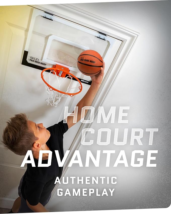 SKLZ Pro Mini Indoor Basketball Hoop with Ball, Over the Door, Shatter-Proof Backboard, Spring-Action Break-Away Steel Rim, Great for Home, Dorm Room, and Office
