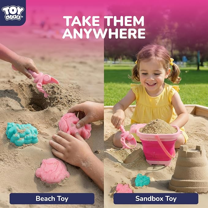 TOY Life Unicorn Beach Toys for Girls Ages 4-8, Collapsible Silicone Sand Toys Set with Bucket, Molds & Shovels, Travel Beach Toys, Sandbox & Snow Play, Unicorn Gifts for Kids