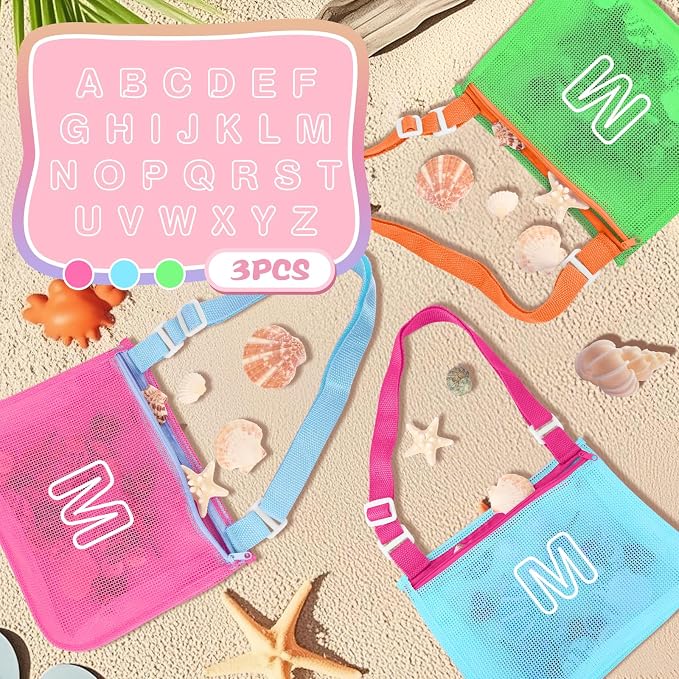 3Pcs Personalized Kids Beach Shell Bag, Initial Seashell Mesh Zipper Beach Pouch, Shell Collecting Bag for Holding Shells with Adjustable Straps, Sand Toys Swim Pouch Gift for Girl Boy Teens(Letter M)