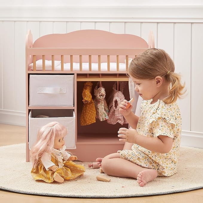 OOOK Baby Doll Crib, Wooden Baby Doll Bed and Changing Table, Dollhouse Furniture with Two Storage Box, Bedding and Coat Hangers, Nursery Playset Suitable for Dolls Under 22 Inches, Pink