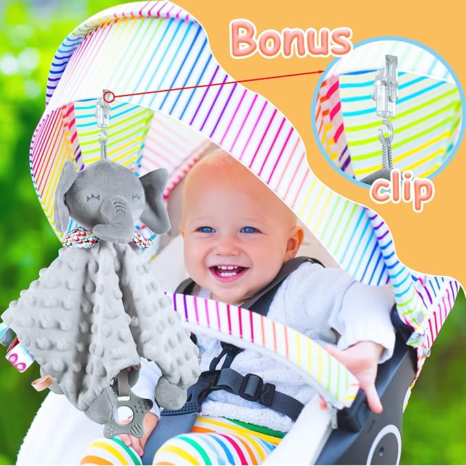 Elephant Security Blanket with Tags Teether Animal Taggie Soft Baby Blankets for Boys and Girls Baby Stuff for Newborn Toys Snuggle Baby Lovey Dotted Blanket Animal Soothing Crib Toy