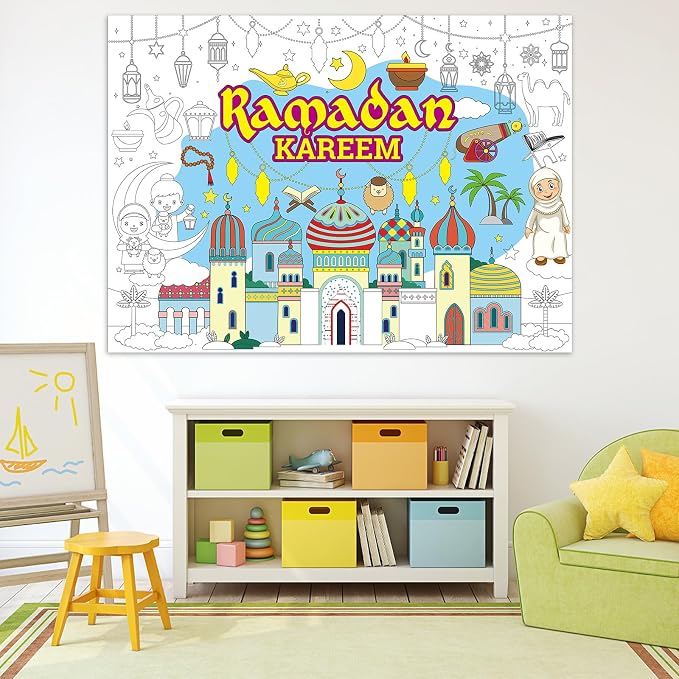ZOIIWA Ramadan Mubarak Coloring Poster for Eid Giant Coloring Poster Large Ramadan Kareem Coloring Tablecloth Jumbo Coloring Book for Classroom Home Birthday Party Supplies Favor 31.4 x 43.3 Inch