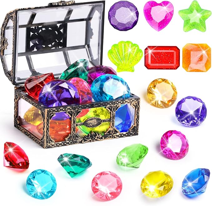 DISHIO Diving Gem Pool Toys 16PCS Large Swimming Pool Toy Set with Pirate Treasure Box Chest for Kids Toddlers Underwater Sinking Dive Gems Colorful Diamond Diving Toys for Swimming Training