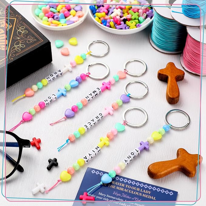 Landical 564 Pcs DIY Cross Bead Keychain Kit Christian Crafts Adjustable Name Letter Beads Cross Charm String Religious Church Gift Jewelry Vbs Backpack Accessories Holiday Party Favor(Cream Color)