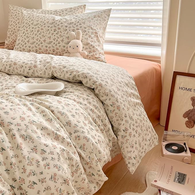 LifeTB Vintage Style Boho Floral Comforter Set King Fluffy Soft Pink Floral Bedding Set Aesthetic Flower Botanical Comforter with 2 Pillowcases Farmhouse Boho Bedding Comforter King Size