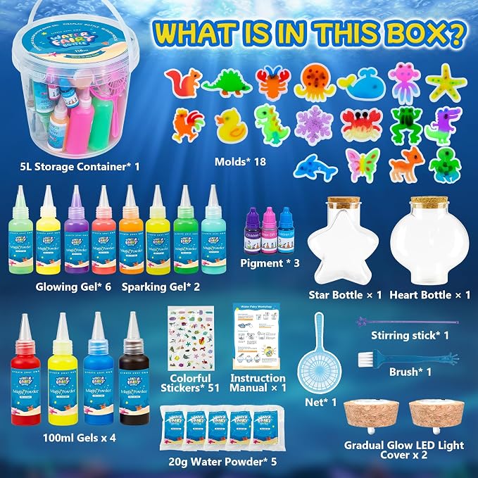 LED Night Light Up, Magic Water Fairy Craft Kit for Kid, Glow-in-The-Dark Magic Gel Water Pets Squishy Kit, Aqua DIY Elf with 18 Molds,100ml Gels, 5L Bucket Christmas Gift Make Your Own Sea World
