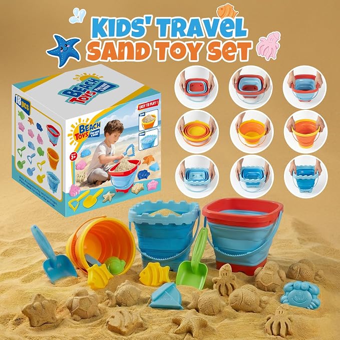 Beach Sand Toys Set for Toddlers, Portable Travel Beach Toys with 3 Collapsible Buckets, 3 Shovels, 3 Rakes, 9 Molds & Backpack for Kids, Summer Gift，Beach Tourism