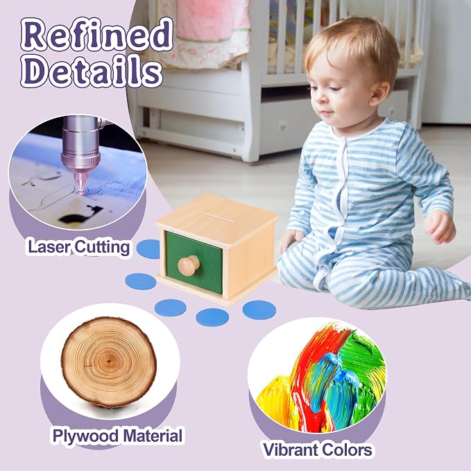 Montessori Wooden Coin Box with Drawer for Baby 18+ Months, Coin Sorter Fine Motor Toys for Kids, Motessori Classroom Learning & Educational Resources Toys Gifts