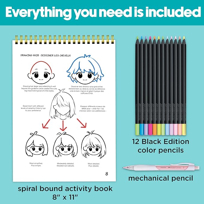 Faber-Castell Anime Drawing Kit: Chibi Edition | Step-by-Step Instruction Book with 20 Practice Pages, Color Pencil Set & Drawing Supplies for Kids, Back to School Supplies (1 Book)
