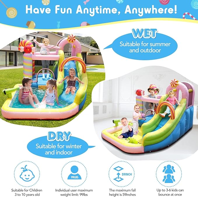 NBSPORT 6-in-1 Inflatable Water Slide Bounce House for Kids Ages 3-10, Candy Inflatable Water Park with Splash Pool, Climbing Wall, Basketball Hoop, 840D Oxford, 450W Blower for Backyard