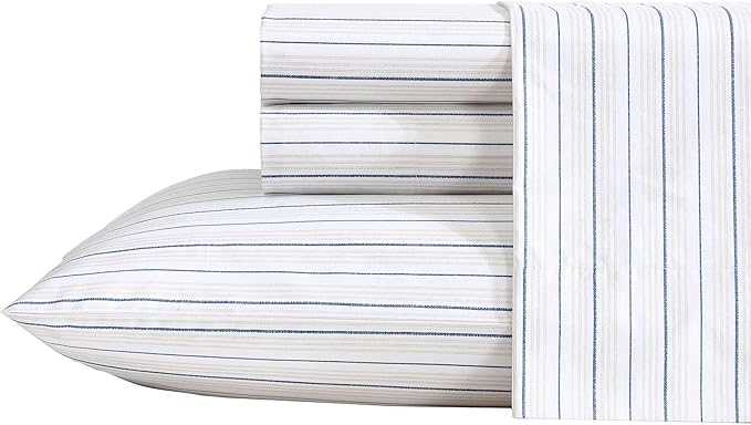Nautica - King Size Sheet Set, Crisp & Tailored Cooling Sheets with a Smooth Cotton Percale Lightweight Feel - Bed Sheets with Matching Pillowcases & Fitted Sheet (Beaux Stripe Blue)