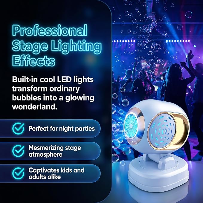 KYWYOYOU White Stage Bubble Machine for Wedding Parties, Rechargeable Maker | Automatic rotating blower with adjustable head for kids, toddlers & outdoor play. Includes 10 professional solution refills.