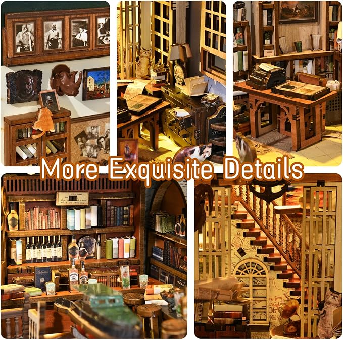 CCCDF DIY Book Nook Kit, Miniature Dollhouse Booknook Kit, 3D Wooden Puzzle Bookend Bookshelf Insert Decor with LED Light for Teens and Adults (Hemingway House)
