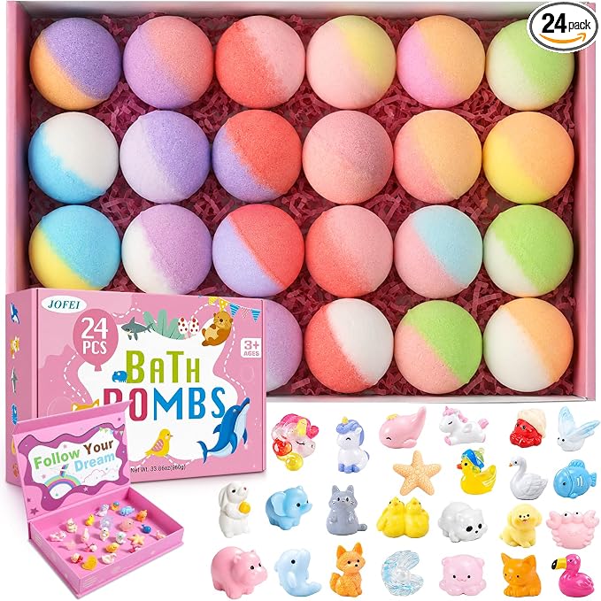 Bath Bombs for Kids with Surprise Inside, 24 Pack Kids Bath Bombs with Toys Inside Gift Set, Kid Bubble Bath Fizzy for Girls Boys with Bath Toys (Pink Edition)