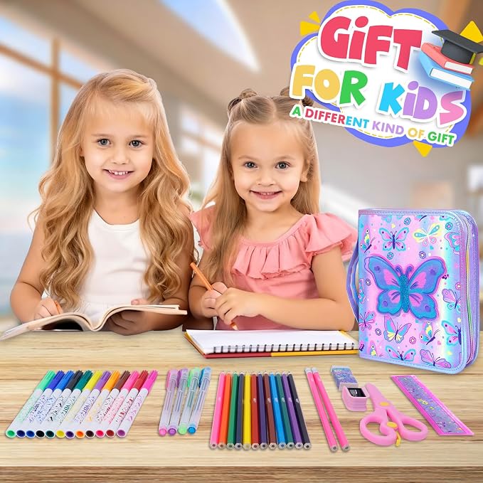 YOYTOO Washable Markers Set with Glitter Pencil Case, Art Supplies for Kids Ages 4-6-8, Arts Crafts Travel Coloring Kit for Girls 4 5 6 7 8 Year Old Birthday Gifts