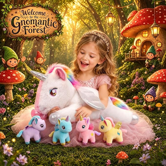 gnomantic Unicorn Stuffed Animals with Babies Inside, Mommy Toy for Kids | 5-Piece set: 1 mommy unicorn + 4 baby unicorns inside. Unzip belly to reveal surprise babies. Ultra-soft, ages 3-8.