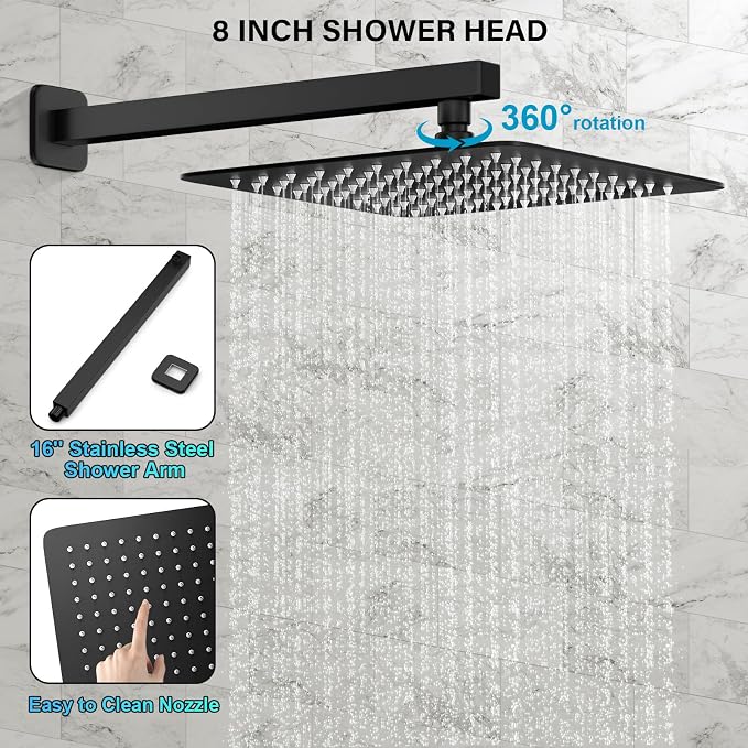 FPXRNG Black Shower Faucet Set, Rainfall Shower System with Square Shower Head and Handle Set, Wall Mounted Shower Fixtures, Full Metal Trim Repair Kit 8 inch Matte Black (With Shower Valve)