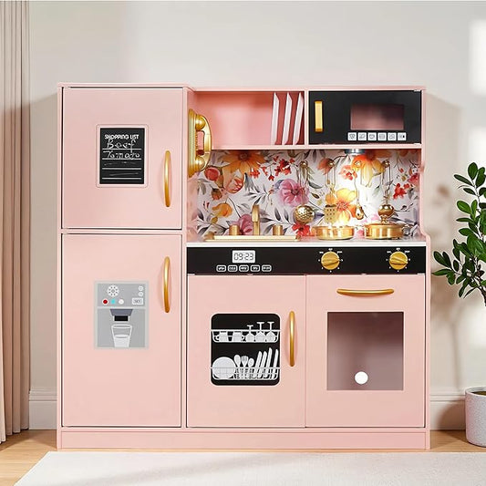 TOUCH US Wooden Play Kitchen Toy Set with Light, Kids Children Pretend Toy Kitchen Playset, Sink Play Toy Oven with Microwave,Toddler Cooking Set Toy for Ages 3+Baby Girls Boys (Pink)