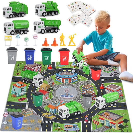Garbage Truck Toy Vehicles Playset w/Play Mat,Friction Powered Sanitation Truck/Dump Truck/Tipper/Water Tanker,8 Pcs Signposts,6 Pcs Mini Engineer Cars for boy Age 3+ Toddlers kid Birthday Gift,Green