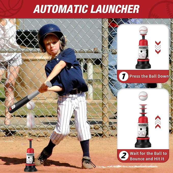 HYES 4 in 1 Kids Basketball Hoop and Tball Set for Toddlers 3-5, Adjustable Hanging Tee Ball Stand with Automatic Baseball Pitching Machine, Indoor Outdoor Sport Toys Birthday for Boys
