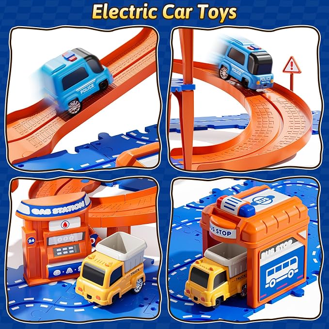 Toddler Puzzle Race Cars Track Toys for Kids Age 3-5 2-4 Years, 59PCS Puzzles Car Track Set Includes 2 Cars and Road Signs, Educational Birthday Gifts for Kids, Boys and Girls