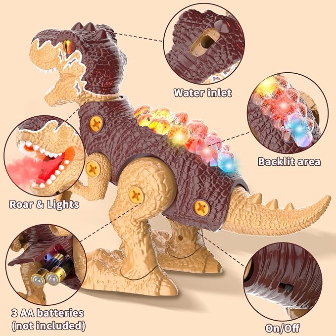 Take Apart Dinosaur Toys for Kids 3-5, Walking Dinosaurs with Spray, Lights & Electric Drill, STEM Educational Construction Building Toy, Christmas Birthday Gift for 3 4 5 6 7 8 Year Old Boys