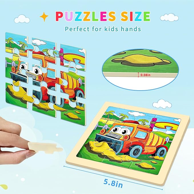 Wooden Puzzles for Toddlers 2-4, 8 Pack Vehicle Car Construction Jigsaw Puzzles for Kids Ages 3-5, 9 Pieces Puzzles for Kids Ages 4-6 Preschool Educational Toys Gift for Boys Girls