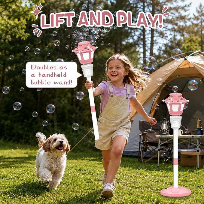 Bubble Machine for Kids Outdoor, 40" Adjustable Height Automatic Bubble Blower with Light & Rechargeable Battery, Bubble Maker Toy for Toddlers Party Birthday (Includes 3 Solution), Pink