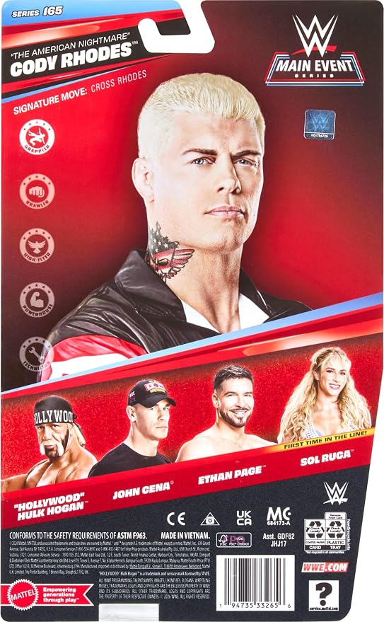 Mattel WWE Cody Rhodes Action Figure, Main Event Series #165, 6-inch Collectible Superstar with 14 Articulation Points & Life-Like Look
