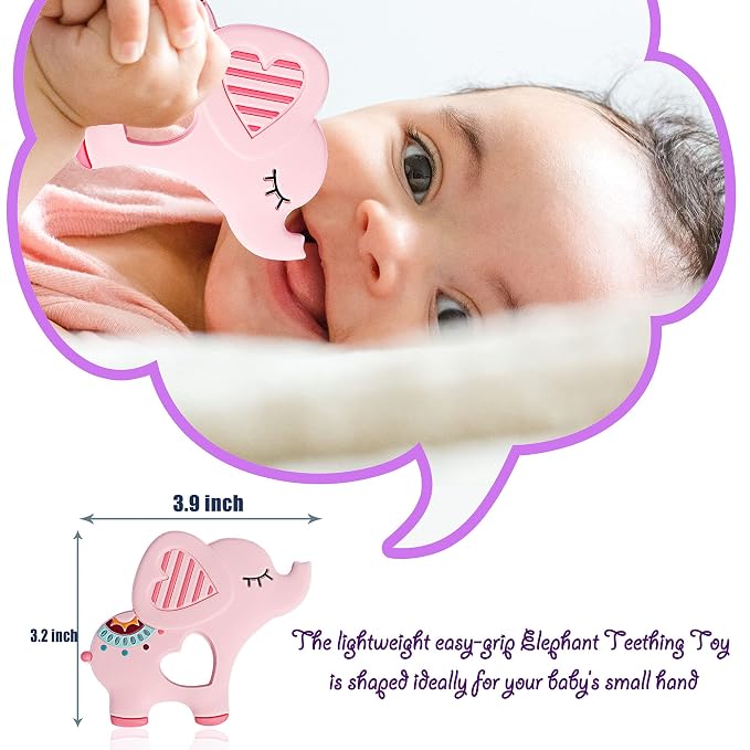 Bigspinach Soft Pink Elephant Teether Toy for Babies 3-6/6-12 Months Silicone Teething Toy Gift for Girls Gum Massager Anxiety Relief Items