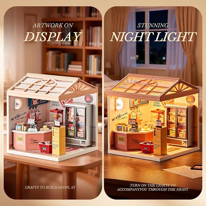 Miniature DIY House Kit Convenience Store – 92Pcs 1:24 Scale Dollhouse Mini-Mart Corner Store Shop with LED Light, Realistic Snacks & Connectable Base for Kids 8+ and Hobbyists