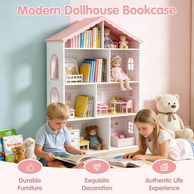Kids Dollhouse Bookshelf and Toy Storage - Wooden Stand Dollhouse Bookcase with 3-Tier Storage Display, Bookshelf for Playing Room, Nursery, Gift for Boys Girls (8 Room - Pink with White)