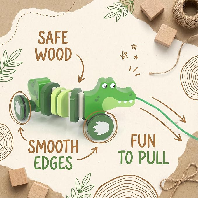 Baby Toys Car,Wooden Pull Along Toddler Toy, Developmental Toy for 1 Year Old Girl Boy Birthday Gift (Crocodile)
