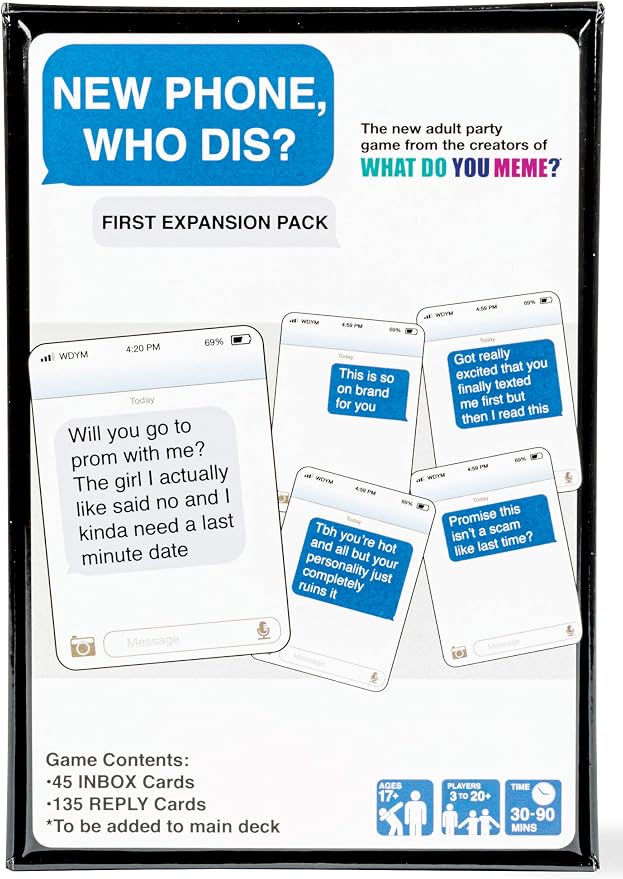 WHAT DO YOU MEME? New Phone, Who Dis? Expansion Pack Party Game by Relatable, Add to The New Phone, Who Dis? Core Game, Includes 45 Inbox Cards & 135 Reply Cards