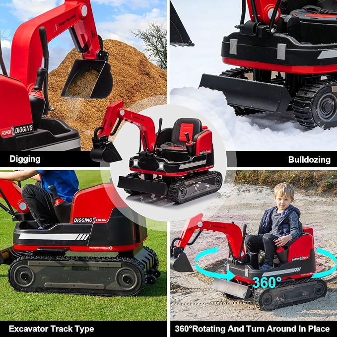 JOYLDIAS 360 Degree Rotating Ride On Excavator and Bulldozer,12V12AH Battery Powered Ride On Toy Backhoe W/Track Design Wheels for All Terrain,Remote Control,MP3,Toolbox for Kids,Parent,Red