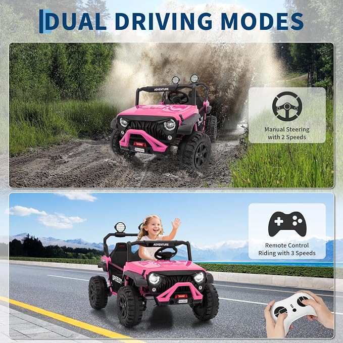 2 Seater Ride on Car for Kids, 24V Ride on Toy, Fast 4.97MPH Truck, 4WD Kids Electric Vehicles with Remote Control, Spring Suspension, Front & Behind LED Lights, Dual Storage, 3 Speeds, Music, Pink