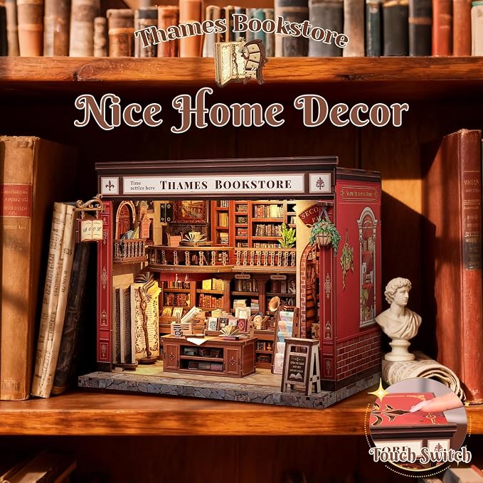CUTEFUN DIY Book Nook Kit, 3D Puzzle Creative British Library Bookend Bookshelf Decor for Adults Teens, Magic Bookshop Miniature Kit with LED & Dust Cover, Gifts for Book Lovers (Thames Bookstore)