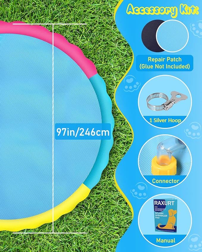 Raxurt Splash Pad, 97in Anti-Slip Splash Pad for Kids Dogs Thickened Durable Bath Pool Pet Summer Outdoor WaterToys Backyard Fountain Play Mat, Colorful