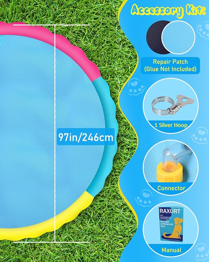 Raxurt Splash Pad, 87in Anti-Slip Splash Pad for Kids Dogs Thickened Durable Bath Pool Pet Summer Outdoor WaterToys Backyard Fountain Play Mat, Colorful