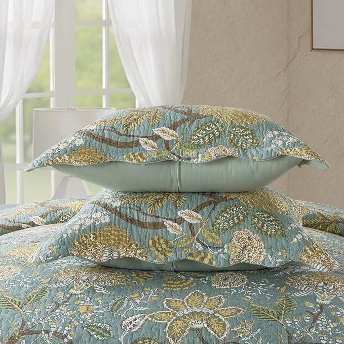NEWLAKE Bedspread Quilt Sets-Reversible Patchwork Coverlet Set, Green Floral Pattern, King Size