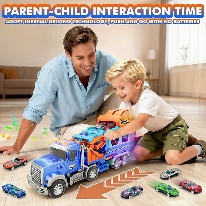 Kids Toys for 3 4 5 6 7 8 Years Old Boys, Carrier Truck Transport Car with Lights Sounds, Christmas Birthday Gift for Toddler, Foldable Layer Car Race Track Playset with Race Track, 6 Metal Toy Cars
