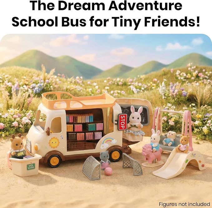Family School Bus Toy — Mobile Classroom Playset with Bookshelf, Slide, Swing & Soccer Goals, Dollhouse Pretend Play Vehicle, Gift for Kids Ages 3+